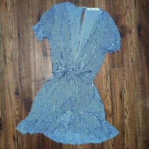 The Impeccable Pig Blue And White Deep V Dress Small
